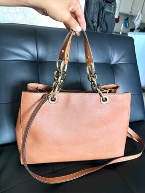 Michael Kors Brown Pebbled Medium Logo Satchel Top Handle, Detachable Strap